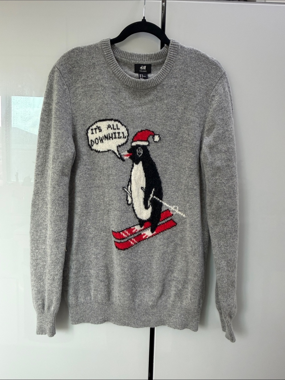 H&M Light Gray Crewneck Sweater with Skiing Penguin Graphic